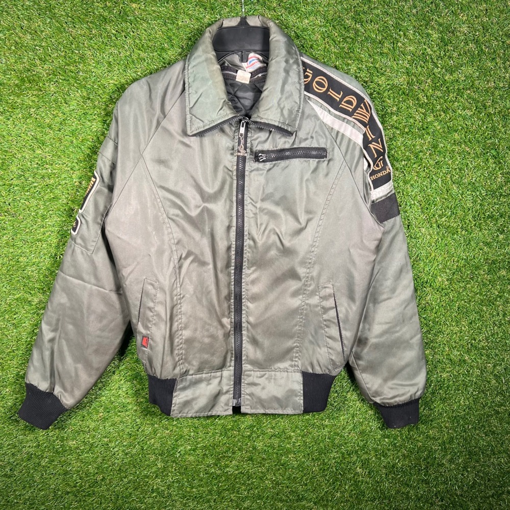 Vintage Early Warning Hondaline Goldwing Motorcycle Jacket Gray Nylon S USA 80's